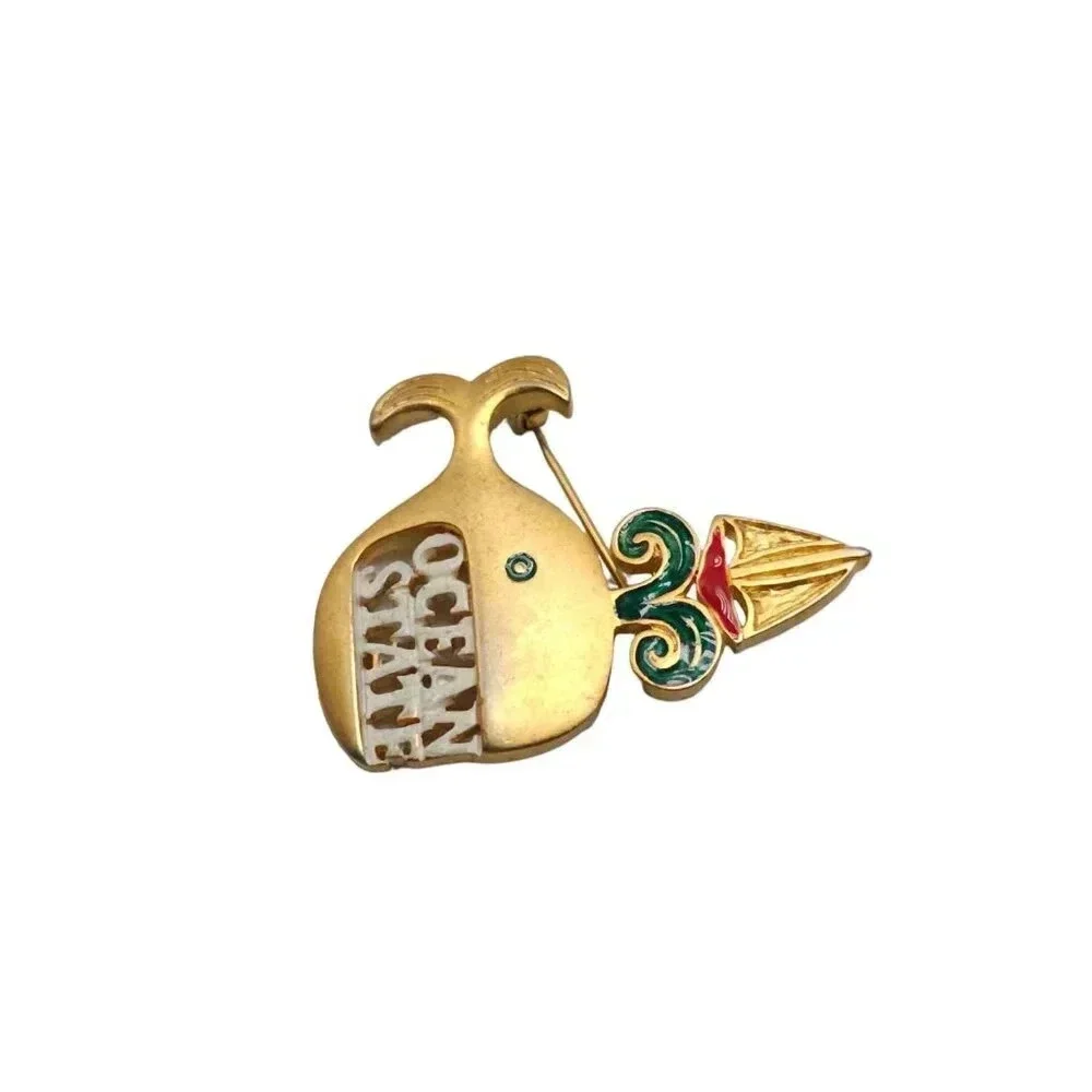 Ren Multicolor Enamel Ocean State Rhode Island Whale Brooch Gold Tone Vintage